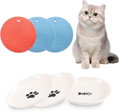 Set van 3 Keramische Kattenvoeders met 2 Antislip Matten - Breed en Plat Voerplateau voor Katten en Kleine Honden, Whisker Friendly en Makkelijk Schoon te Maken
