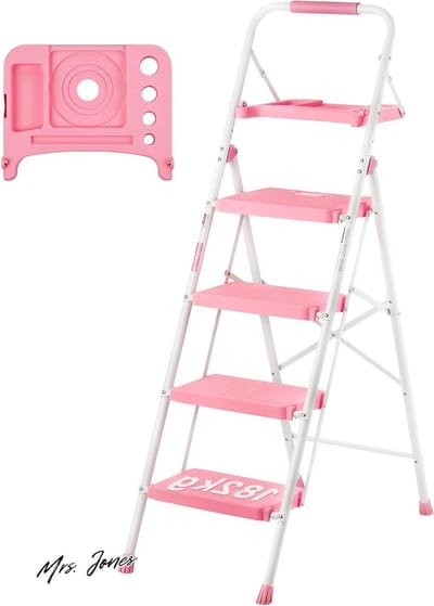 Mrs. Jones 4-traps opvouwbare ladder met antislippedalen en sponsleuning - capaciteit 182 kg - roze - thuis keuken bijkeuken - binnen buiten .