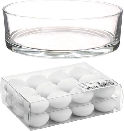 Cadeau set/Sfeer set van een lage luxe transparante vaas 8 x 25 cm met 24x witte drijfkaarsen 4.5 cm