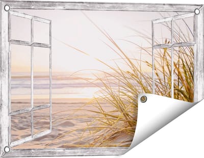 Gards Tuinposter Doorkijk Strand en Duinen tijdens Zonsondergang - 60x40 cm - Tuindoek - Tuindecoratie - Wanddecoratie buiten - Tuinschilderij