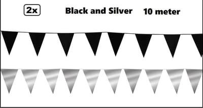 2x Vlaggenlijn Black and Silver party 10 meter - Zwart en zilver - Festival thema feest party verjaardag gala jubileum