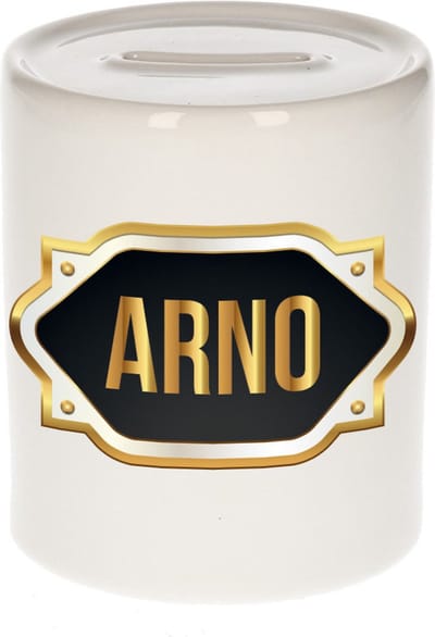 Spaarpot met voornaam Arno - wit - met goud/zwart embleem - 8 x 9 cm - keramiek - met afsluitdop - cadeau verjaardag