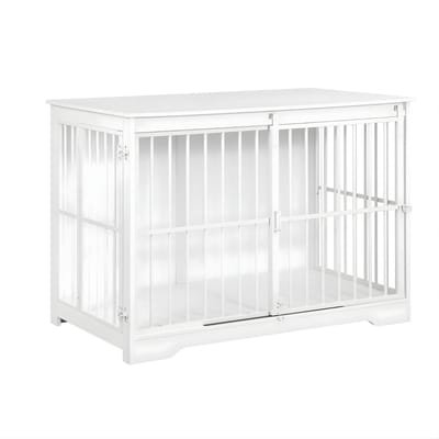 Hondenbench – Voor Binnen – Moderne Hondenbox met 2 Deuren, Versterkte Schuifdeur en Bijzettafel, Geschikt voor Honden tot 100 kg – Wit