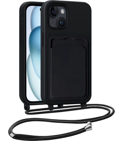 Hoesje Geschikt voor iPhone 15 Hoesje Met Telefoonkoord en Pasjeshouder Siliconen - Hoes Geschikt voor iPhone 15 Hoesje Met Kaarthouder Case - Zwart