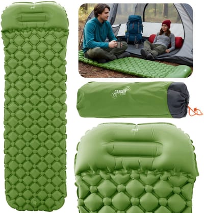 Opblaasbaar slaapmatje met kussen, groene matras, slaapmat met hoes 190x56x5.5 cm