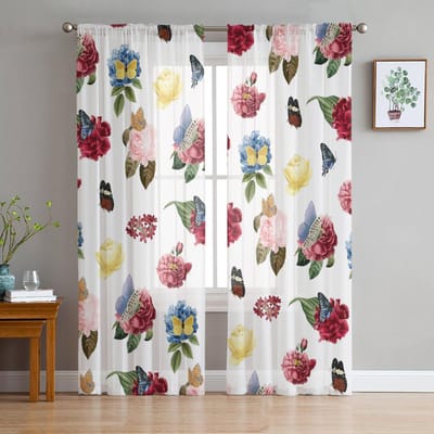 Kleurrijke Bloem Vlinder Witte Transparante Gordijnen voor Woonkamer Decoratie Raamgordijnen Keuken Tule Voile Organza Gordijnen W135 x H115cm x1 white