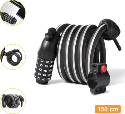 Colorful Sun® Fietsslot met cijferslot - Ø12mm / 150cm - Met vaste beugel - Met reflecterende strepen - 400g - 1 stuk - Kabelslot Fiets - Slot voor Fietsen - Motorslot - Fietssloten electrische fietsen - Code Kabelslot - Cijfercombinatieslot - Zwart