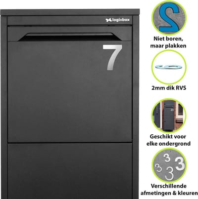 Logixbox - Huisnummer - 7 - NIET Boren, Maar Plakken - 3M Sticker - Materiaal: RVS - Hoogte: 7,5cm - Type RVS/75/Bold/nr.7