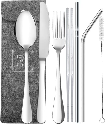 House of Husk Reisbestek - Reis Bestekset - Chopsticks - Metalen Rietjes met borstel - Lepel - Vaatwasserbestendig - RVS - 7 Delig - Zilver