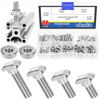80 Stuks M5 T-Slot Drop-in Schroeven met Zeskantige Flensmoeren, Hammer Head T-Schroeven 10/12/16/20mm, T-Vormige Bevestigingsschroeven voor Meubelmontage