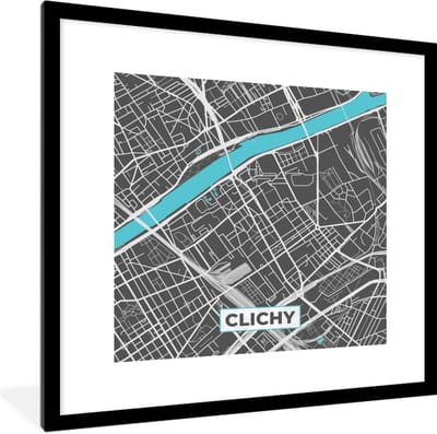 Fotolijst incl. Poster - Clichy - Frankrijk - Plattegrond - Kaart - Stadskaart - 40x40 cm - Posterlijst