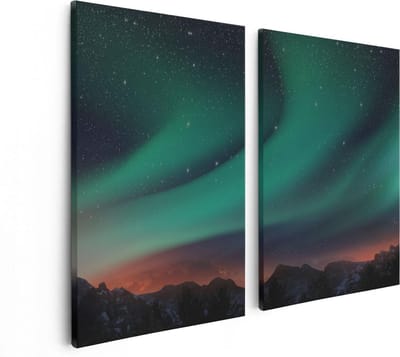Artaza Canvas Schilderij Tweeluik Noorderlicht in de Bergen - 80x60 - Foto Op Canvas - Canvas Print