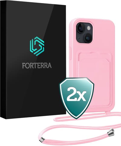 Hoesje Geschikt voor iPhone 13 Pashouder Case Siliconen Hoes Met Koord - Hoes Geschikt voor iPhone 13 Met Telefoonkoord Hoesje Back Cover Met Pasjeshouder - Lichtroze - 2 PACK