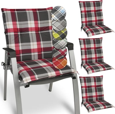 Beautissu Sunny RK – Set van 4 Tuinkussens Lage Rug 100x50 cm met UV-lichtechtheid Comfortabele Tuinstoel Zitkussen Rood Grijs geruit