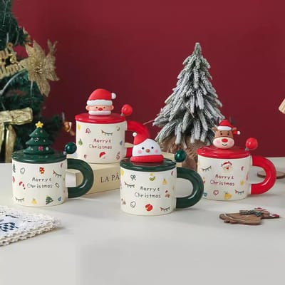 Kerstmok Kerstcadeau Keramische Beker Leuke Cartoon Koffiekop met Deksel Lepel Souvenir 301-400ml black