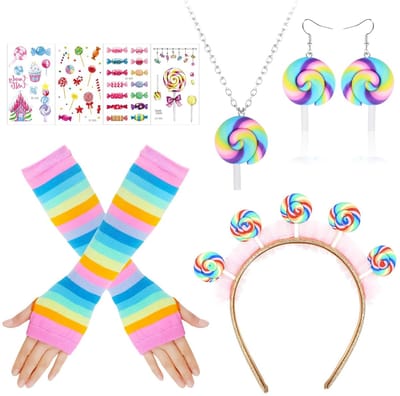 Dailygoods- Lollipop Kostuum Set - Lollipop Haarband - Vingerloze Handschoenen - Oorbellen - Halsketting - Tatoeages - Verstelbare Hoofdband - Candy Kostuum
