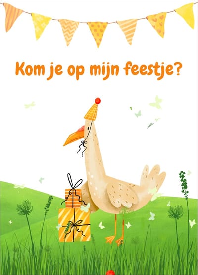 5 Uitnodigingskaarten - Uitnodiging feestje- Eend met cadeautjes- Feestjeskaart met invulruimte - Aquarel tekening- kwaliteitskaart 400 grams papier