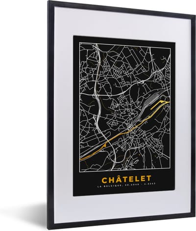 Fotolijst incl. Poster - Châtelet - Kaart - Goud - Plattegrond - Stadskaart - 30x40 cm - Posterlijst