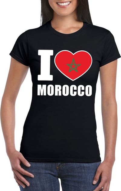 Marokko supporters kleding t-shirt - voor dames - zwart - met vlag kleuren print - korte mouwen S