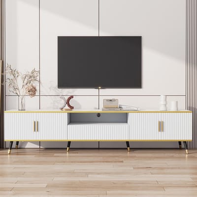 Pugsdrly Moderne lage tv-meubel, marmerlook, tv-paneel, tv-kommode, 200 x 40 x 46 cm - Geschikt voor tv's tot 90 inch, twee deuren, een lade