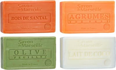 Set Marseille zeep 4 x 100 gram in geuren sandalwood-citrus-olijf-kokos - Franse handzeep - Marseillezeep