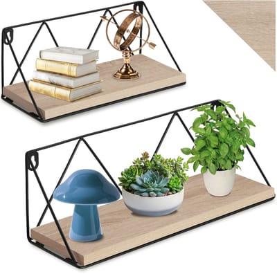 tectake® Wandplanken - Hangplank van hout met draadframe - Boekenplank - Zwevende planken voor woonkamer, slaapkamer, kantoor - Industrieel design - Zwart metalen frame - Afmeting (LxBxH) 33,5x13x13 en 41x13x14,5 cm - Set van 2 planken - Lichtbruin