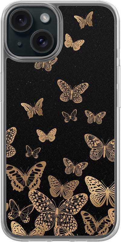 Hoesje geschikt voor iPhone 15 - Vlinders - 2in1 backcover - Print / Illustratie - Zwart, Goud - Leuke Telefoonhoesjes