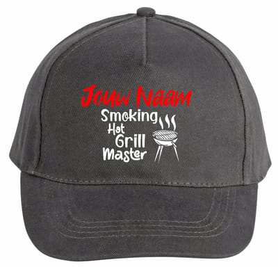 Mijncadeautje - 5 panel - BBQ Cap - Verstelbaar - Pet van 100% dik geborsteld katoen- unisex - opdruk wit - Smoking Hot Grillmaster - met voornaam - Chique Grijs