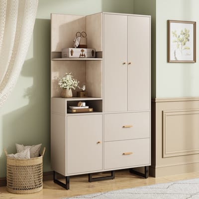 REDOM Compacte Garderobekast - Met Schuifroede en Lades - Modern - Hal - MDF - Grijsbeige - 110 x 38 x 186 cm