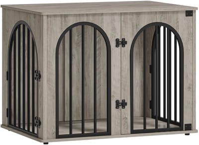 Hondenbench Meubel – Voor Binnen – 80 cm Hondenbox met 3 Deuren en Boogdeur, Te Gebruiken als Bijzettafel – Ivoor