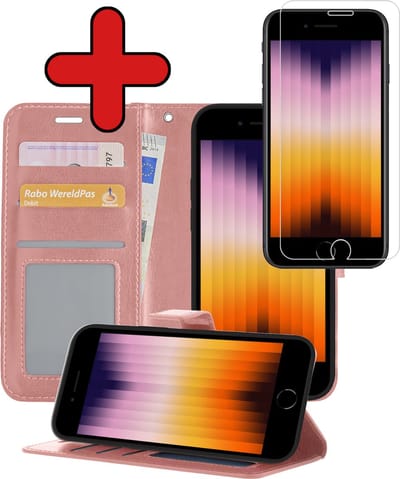 Hoesje - Met Screenprotector - Geschikt voor Apple iPhone SE (2022) - Luxe Pasjeshouder - Flipcase - Bookcase Portemonee - Flip Case - Kunstleer Book Case - Book Cover - Walletcase - Portemonneehoes - Telefoonhoes - Rosé goud