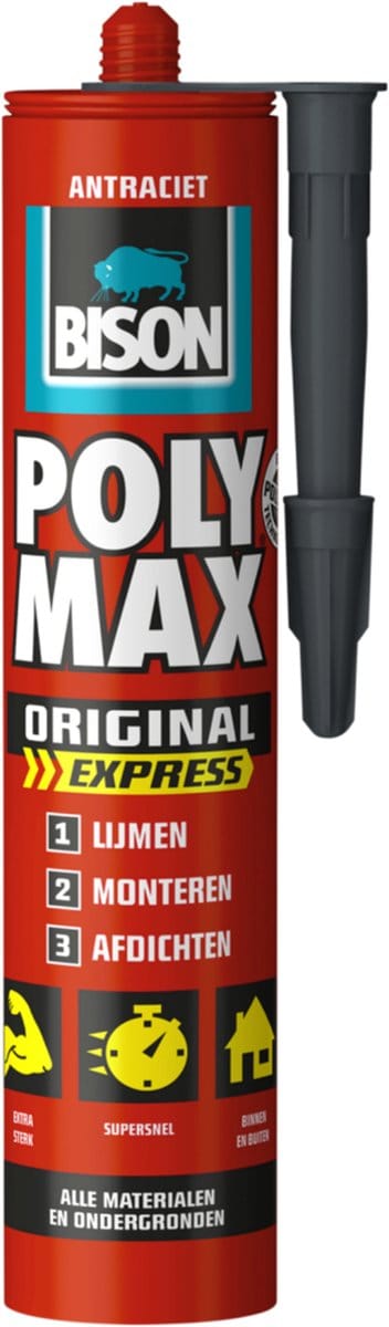 Bison Poly Max Original Express antraciet koker 425 g, montagelijm, afdifchtingskit, lijmen, monteren, afdichten, overschilderbaar, vullend, krimpvrij, temperatuurbestendig van - 40°C tot + 100°C