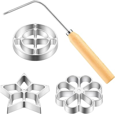 Set van 4 Wafelvormen met Houten Handvat, Rozenvorm, Ster, Bloem en Cirkel Vormgeving voor Perfecte Wafels