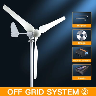 Windturbine - Windmolen - Windturbine Generator - Windenergie – Off-Grid Systeem - 48V - 2000W - 3 Bladen - Horizontale Windmolen - met MPPT Hybride Controller - Omvormer - Voor Huis