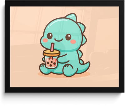 Poster in lijst - Fotolijst 40x30 cm - Posters - Dino - Boba - kawaii - Oranje - Posterlijst zwart - Decoratie - Wanddecoratie woonkamer - Muurdecoratie slaapkamer
