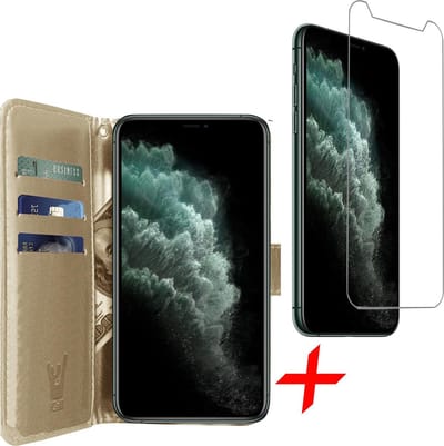 Hoesje geschikt voor iPhone 11 Pro - Screen Protector GlassGuard - Book Case Kunstleer Pasjeshouder Goud & Screenprotector