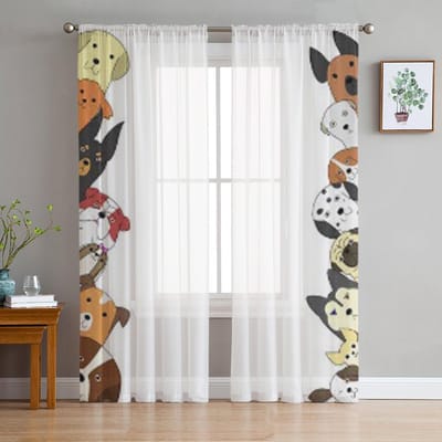 Schattige Honden Tule Gordijnen Voor Woonkamer Decoratie Moderne Sluier Chiffon Gordijnen Slaapkamer Transparante Voile 135W x 114H(cm) white