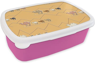 Broodtrommel Roze - Lunchbox - Brooddoos - Kameel - Woestijn - Patronen - Kinderen - 18x12x6 cm - Kinderen - Meisje
