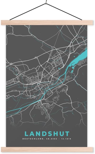 Posterhanger incl. Poster 40x60 cm - Schoolplaat - Duitsland – Blauw – Landshut – Stadskaart – Kaart – Plattegrond - Textielposter - Blanke latten - Stadskaart
