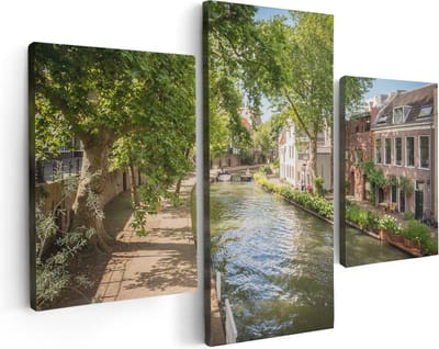 Artaza Canvas Schilderij Drieluik Oudegracht In Utrecht - 90x60 cm - Wanddecoratie Woonkamer - Schilderijen - Muurdecoratie