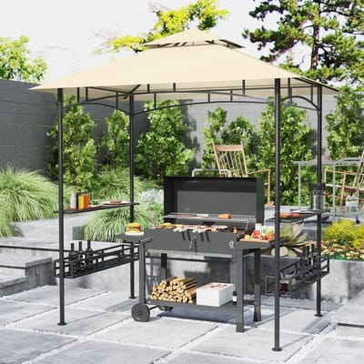 REDOM - Grillpaviljoen - Dubbel Dak - Met Zijplanken En Opbergmanden - Staal - Beige - 240 X 150 X 257 Cm