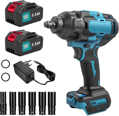 Slagsleutel 1000 Nm – borstelloos, 2x 5,5 Ah accu, 6 doppen, 3300 tpm – voor auto en montage