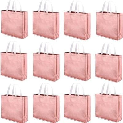 Set van 12 Herbruikbare Winkeltassen, Stijlvolle Tote Bags met Handvat, Perfect voor Feestjes, Verjaardagen en Cadeaus in Roze Goud