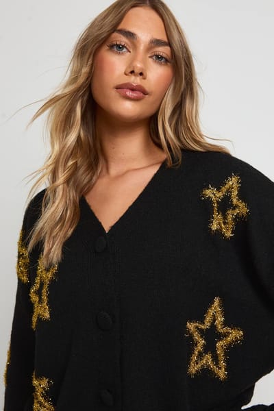 boohoo Dames Star Tinselprint Oversized Gebreide Cardigan | Black | Maat: Small