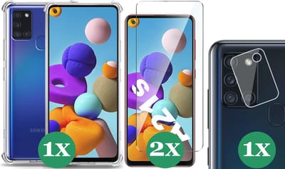 Hoesje geschikt voor Samsung Galaxy A21s - 2x Screenprotector Glas & 1x Camera Screen Protector - Transparant Shock Case