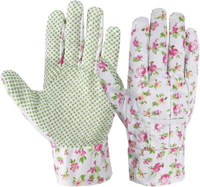 Gloovon® Tuinhandschoenen Dames - Katoen met Antislip Noppen - Ademend & Wasbaar - Elastische sluiting - 3 Paar Bloemenprint
