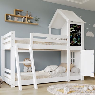 Stapelbedden - 90x200cm - Hoogslaper Met Klein Deurtje En Bord - Fraai Raam En Dak - 3-Traps Schuine Ladder - Stabiele Lattenbodem - Kiefer + MDF + Spaanplaat + Multiplex - Wit