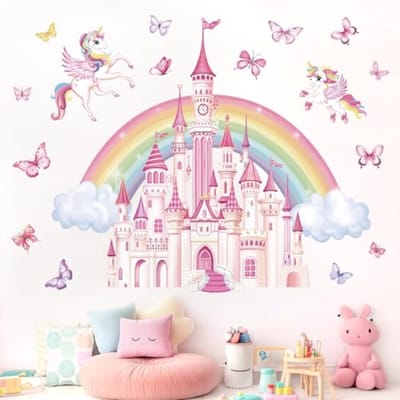 Regenboog Kasteel Muurstickers – Sprookje Eenhoorn Vlinder – Schil en Plak Muurdecoratie voor Baby Kinderkamer Meisjes Slaapkamer