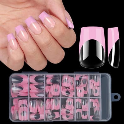 120 stuks/doos Acryl Franse Kunstnagels Medium Lengte Vierkante Armor Volledige Dekking Nageltips Verwijderbare Gemengde Maat Druk Op Nagels
