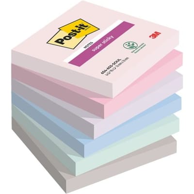 Post-it® Sticky Notes Super Sticky Notes 654-6SS-SOUL, B 76 x D 76 mm, PEFC® papier, gekleurd, 6 pads, 90 vellen/pad